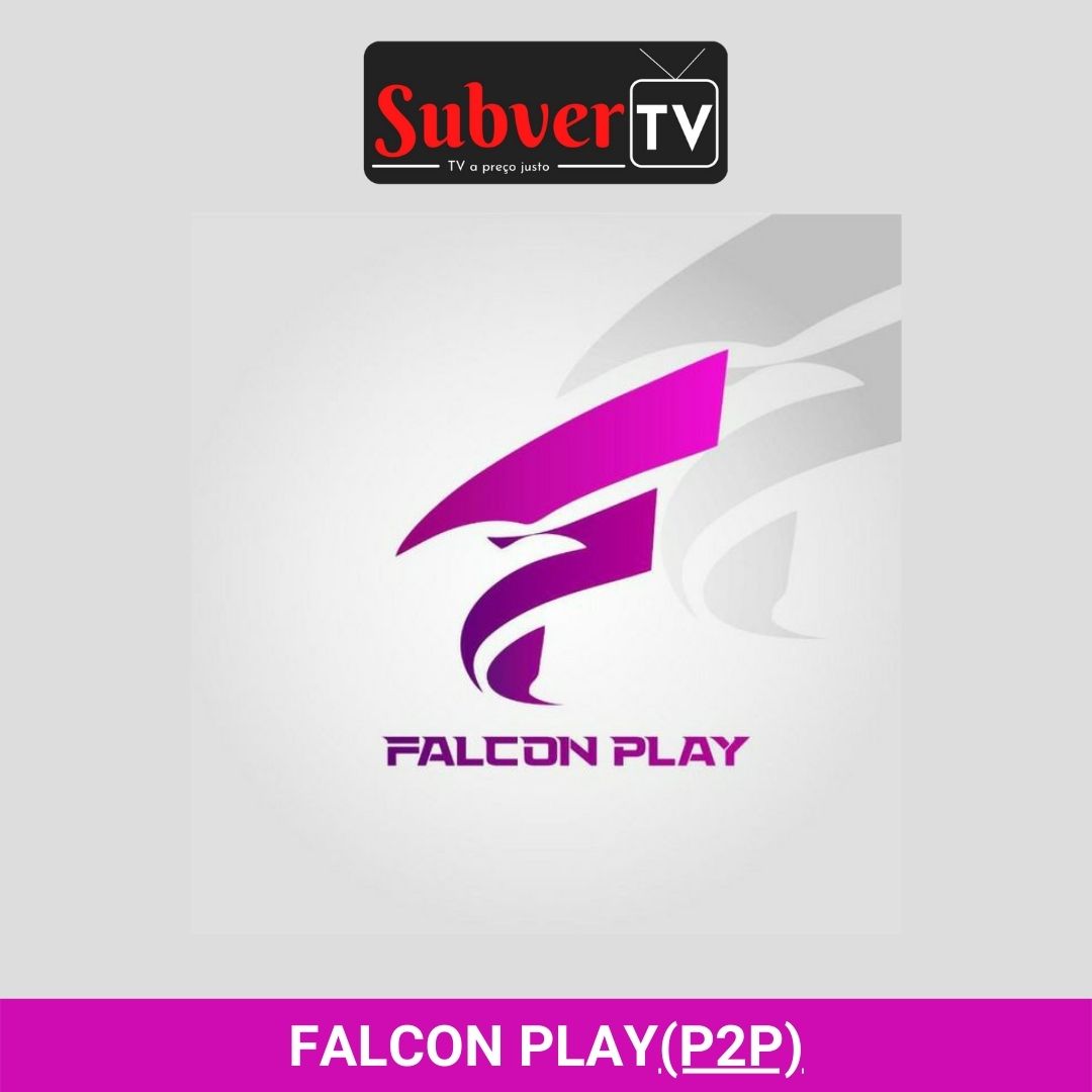 No topo, você tem a logo da Subvertv. No centro a logo do aplicativo e na base o texto escrito "Falcon Play (P2P)". Clicando em cima, você baixa o aplicativo.